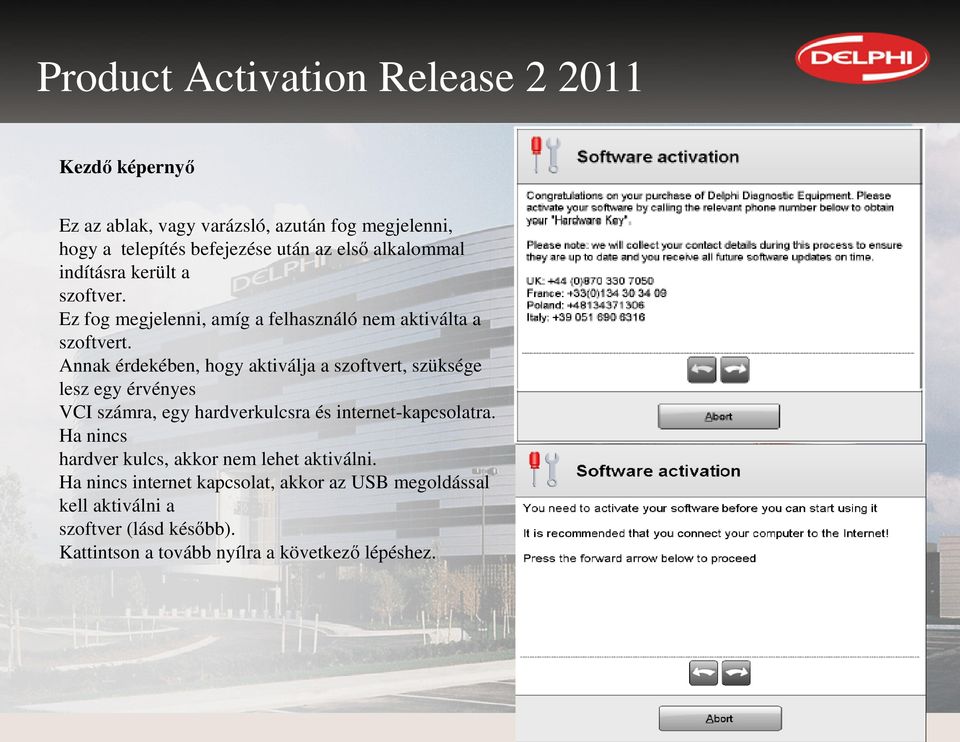 Annak érdekében, hogy aktiválja a szoftvert, szüksége lesz egy érvényes VCI számra, egy hardverkulcsra és internet-kapcsolatra.