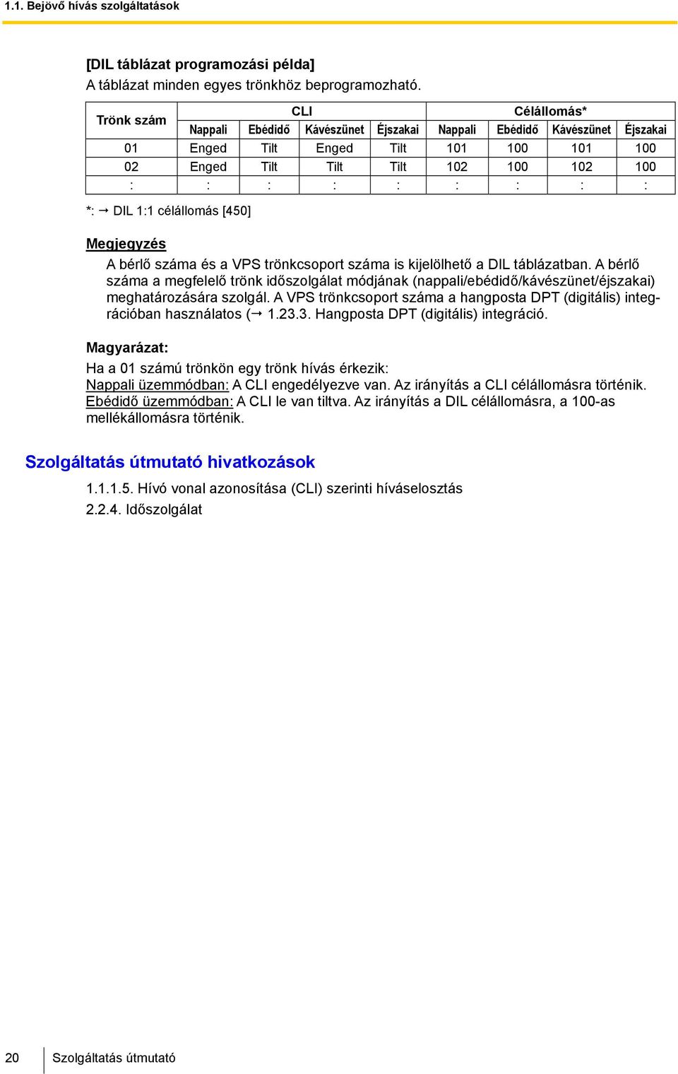 *: DIL 1:1 célállomás [450] Megjegyzés A bérlő száma és a VPS trönkcsoport száma is kijelölhető a DIL táblázatban.