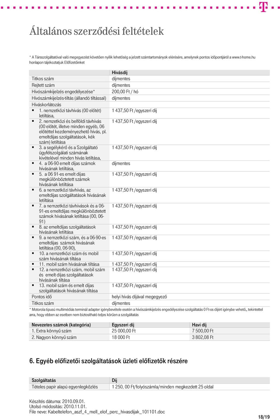 Híváskorlátozás 1. nemzetközi távhívás (00 előtét) 1 437,50 Ft /egyszeri díj letiltása, 2.