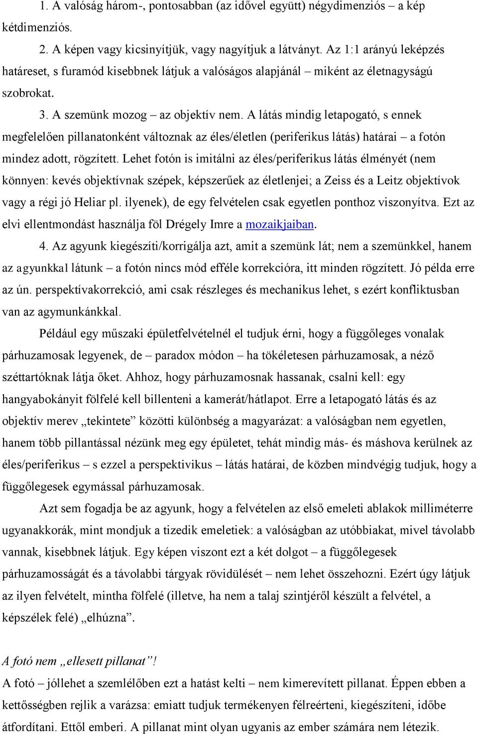 A látás mindig letapogató, s ennek megfelelően pillanatonként változnak az éles/életlen (periferikus látás) határai a fotón mindez adott, rögzített.