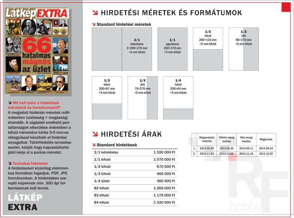 A vágásból eredhető pontatlanságok elkerülése érdekében a kifutó méretekre körbe 5-5 mm-es ráhagyással készítsék el hirdetési anyagaikat.