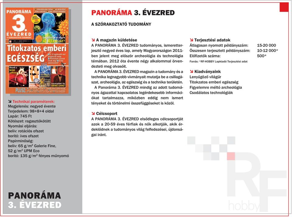 ofszet Papírminőség: belív: 65 g/m 2 Galerie Fine, 52 g/m 2 UPM Eco borító: 135 g/m 2 fényes műnyomó A magazin küldetése A  ÉVEZRED tudományos, ismeretterjesztő negyed éves lap, amely Magyarországon