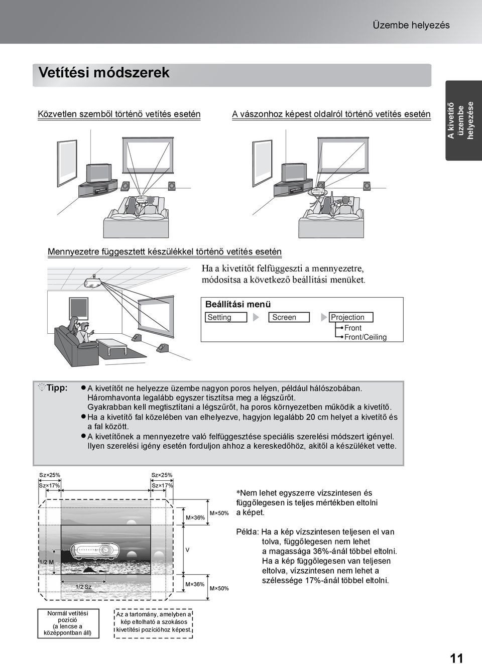 Beállítási menü Setting Screen Projection Front Front/Ceiling QTipp: A kivetítőt ne helyezze üzembe nagyon poros helyen, például hálószobában. Háromhavonta legalább egyszer tisztítsa meg a légszűrőt.