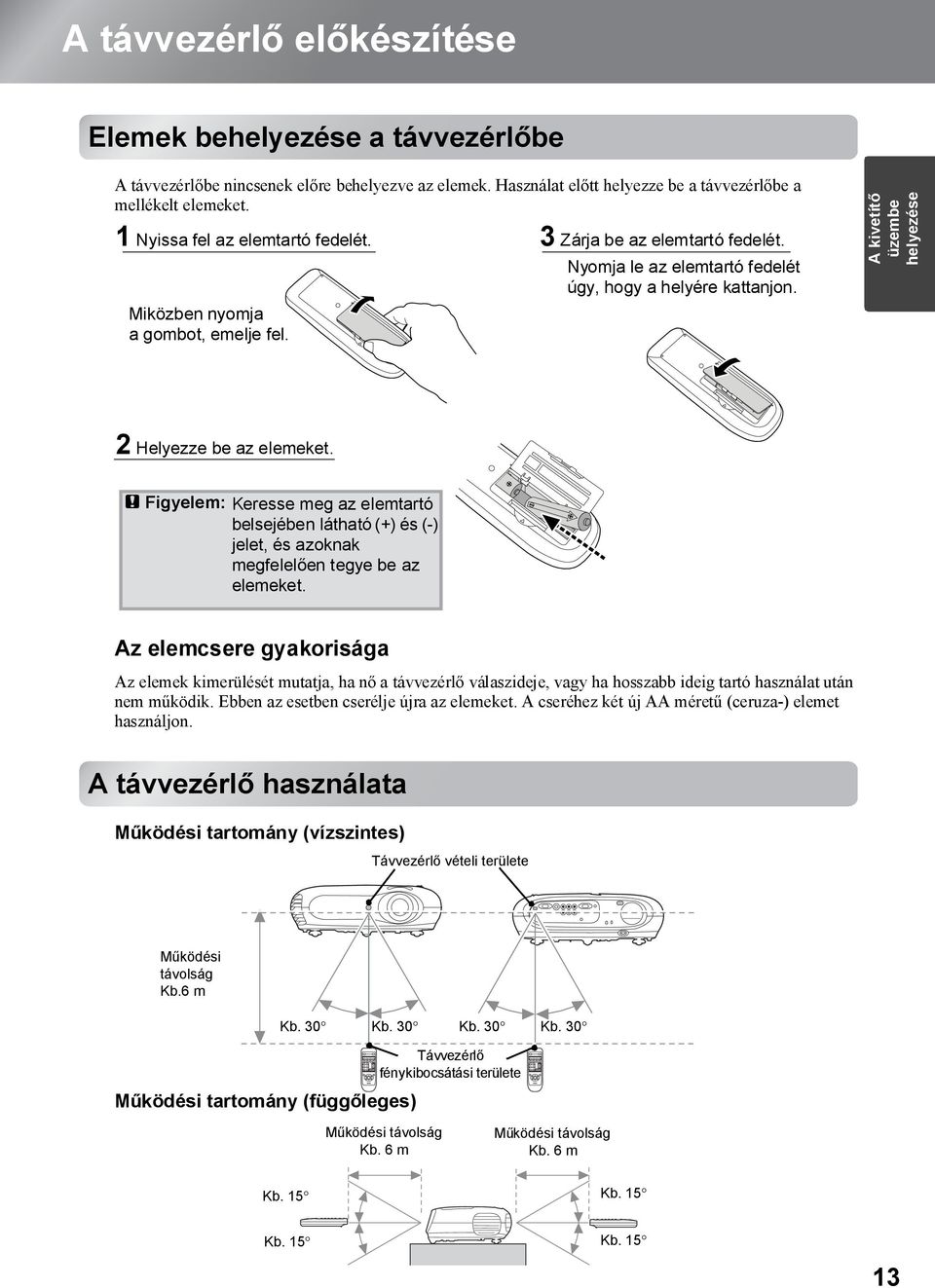 A kivetítő üzembe helyezése 2 Helyezze be az elemeket. c Figyelem: Keresse meg az elemtartó belsejében látható (+) és (-) jelet, és azoknak megfelelően tegye be az elemeket.