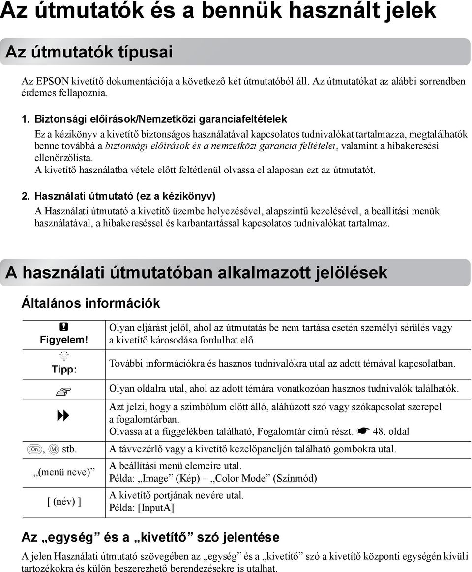 nemzetközi garancia feltételei, valamint a hibakeresési ellenőrzőlista. A kivetítő használatba vétele előtt feltétlenül olvassa el alaposan ezt az útmutatót. 2.