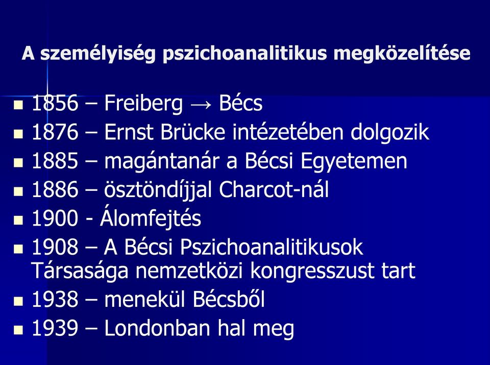 ösztöndíjjal Charcot-nál 1900 - Álomfejtés 1908 A Bécsi Pszichoanalitikusok