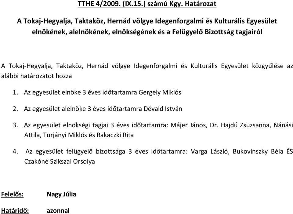 Tokaj-Hegyalja, Taktaköz, Hernád völgye Idegenforgalmi és Kulturális Egyesület közgyűlése az alábbi határozatot hozza 1.