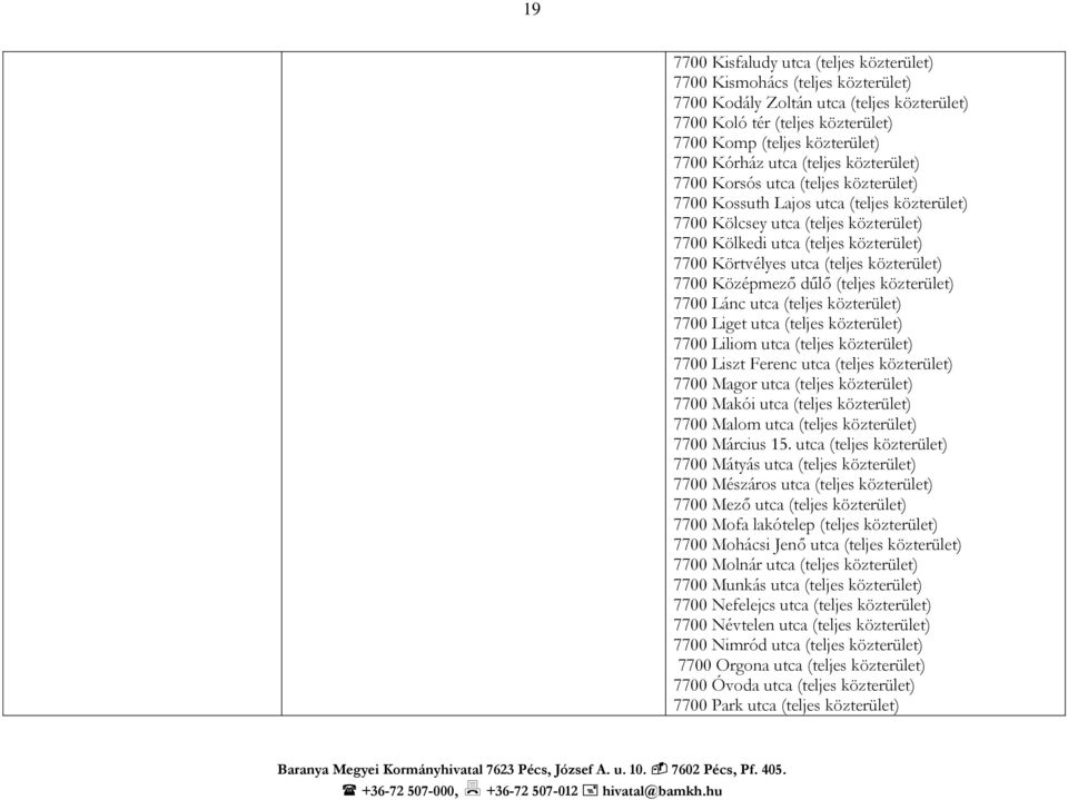 utca (teljes közterület) 7700 Középmező dűlő (teljes közterület) 7700 Lánc utca (teljes közterület) 7700 Liget utca (teljes közterület) 7700 Liliom utca (teljes közterület) 7700 Liszt Ferenc utca