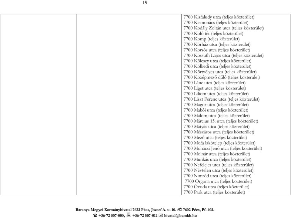 utca (teljes közterület) 7700 Középmező dűlő (teljes közterület) 7700 Lánc utca (teljes közterület) 7700 Liget utca (teljes közterület) 7700 Liliom utca (teljes közterület) 7700 Liszt Ferenc utca