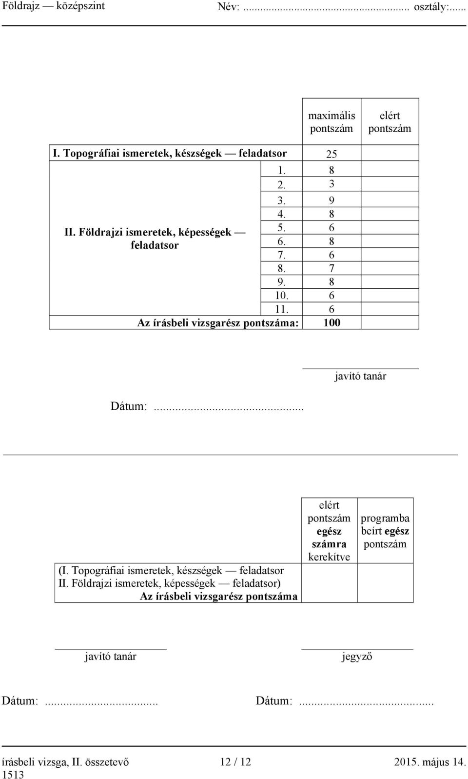 6 Az írásbeli vizsgarész pontszáma: 100 javító tanár Dátum:... (I. Topográfiai ismeretek, készségek feladatsor II.