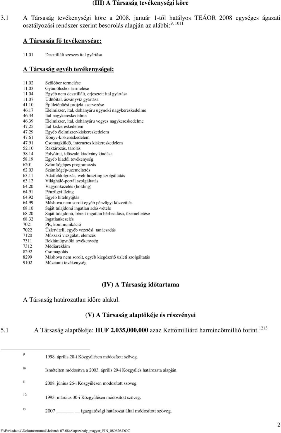 01 Desztillált szeszes ital gyártása A Társaság egyéb tevékenységei: 11.02 Szlbor termelése 11.03 Gyümölcsbor termelése 11.04 Egyéb nem desztillált, erjesztett ital gyártása 11.