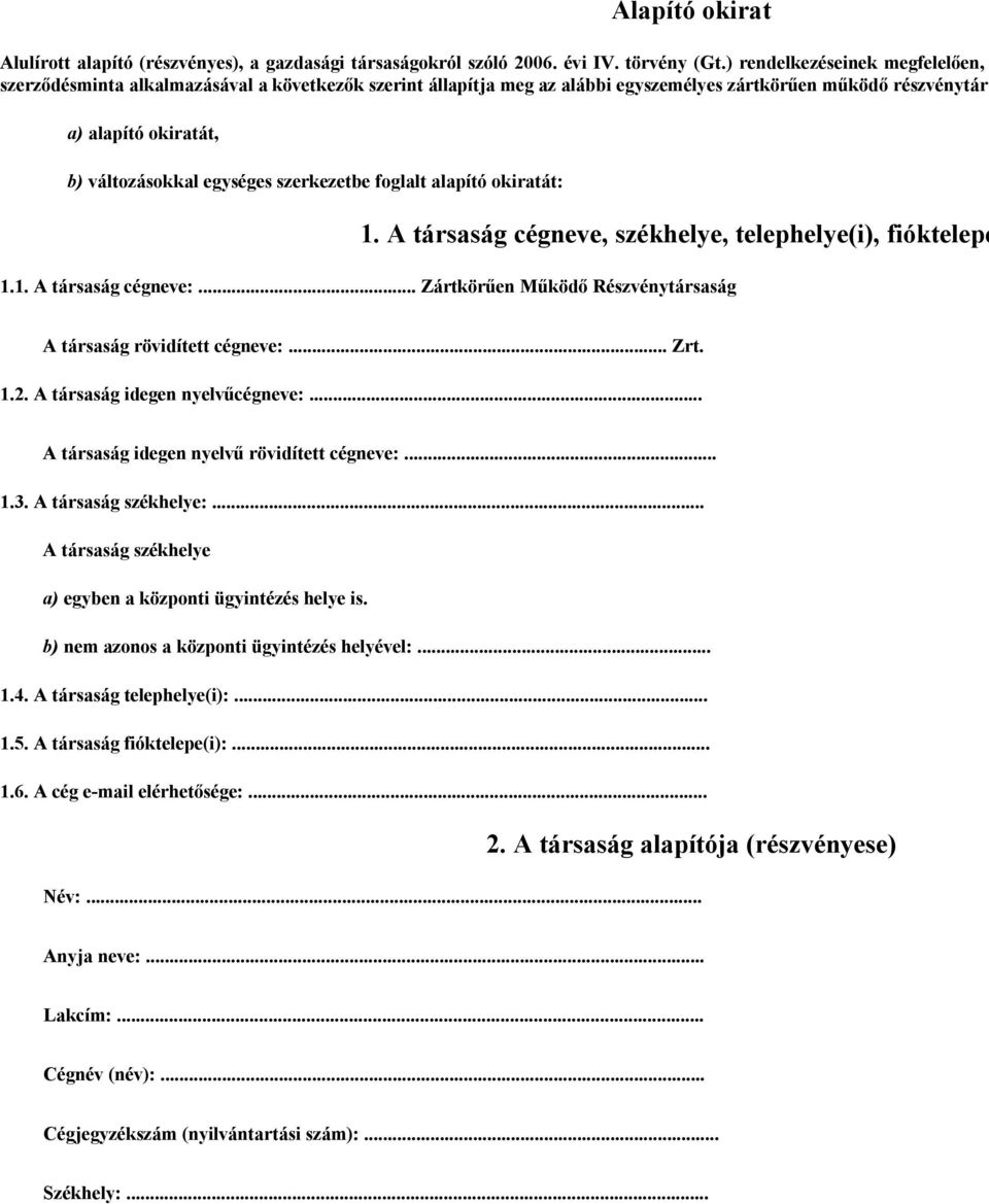 szerkezetbe foglalt alapító okiratát: 1. A társaság cégneve, székhelye, telephelye(i), fióktelepe 1.1. A társaság cégneve:... Zártkörűen Működő Részvénytársaság A társaság rövidített cégneve:... Zrt.