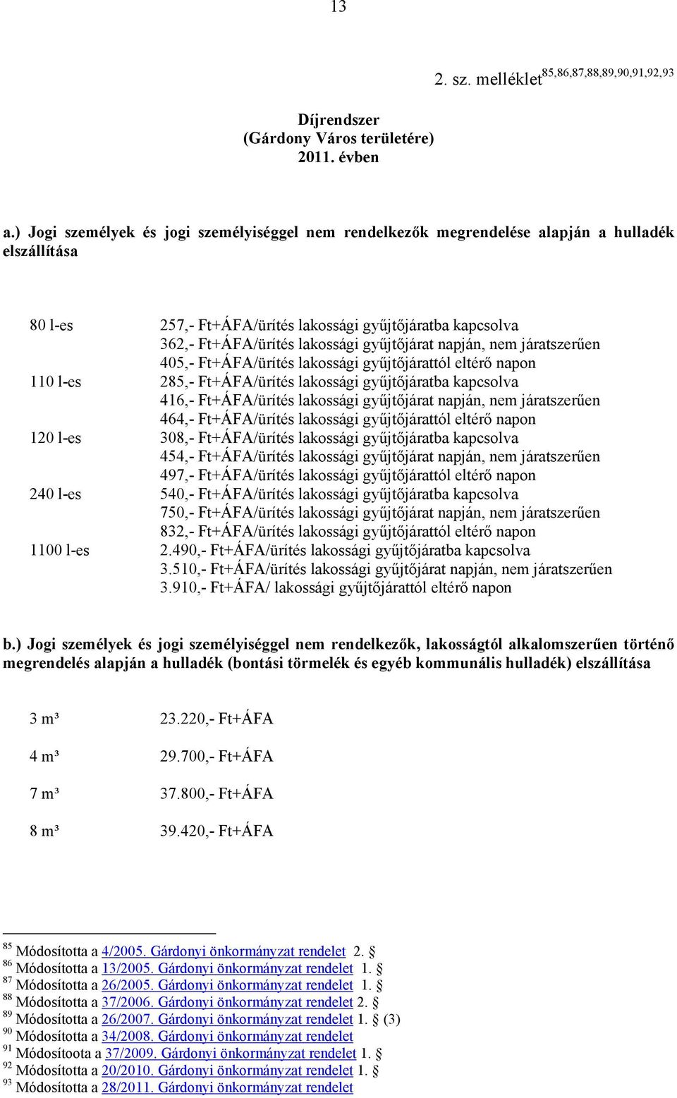 győjtıjárat napján, nem járatszerően 405,- Ft+ÁFA/ürítés lakossági győjtıjárattól eltérı napon 110 l-es 285,- Ft+ÁFA/ürítés lakossági győjtıjáratba kapcsolva 416,- Ft+ÁFA/ürítés lakossági győjtıjárat