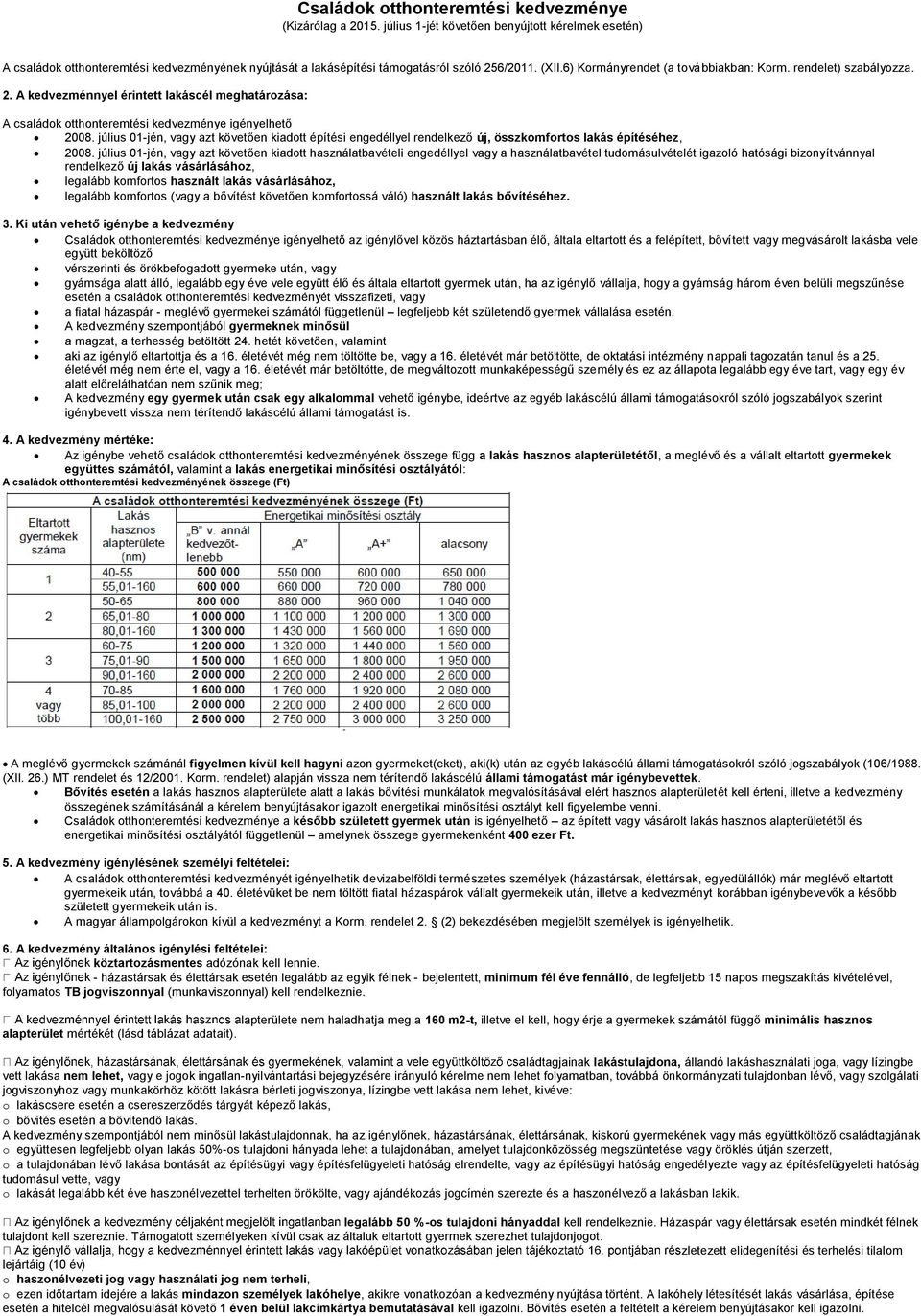 rendelet) szabályozza. 2. A kedvezménnyel érintett lakáscél meghatározása: A családok otthonteremtési kedvezménye igényelhető 2008.