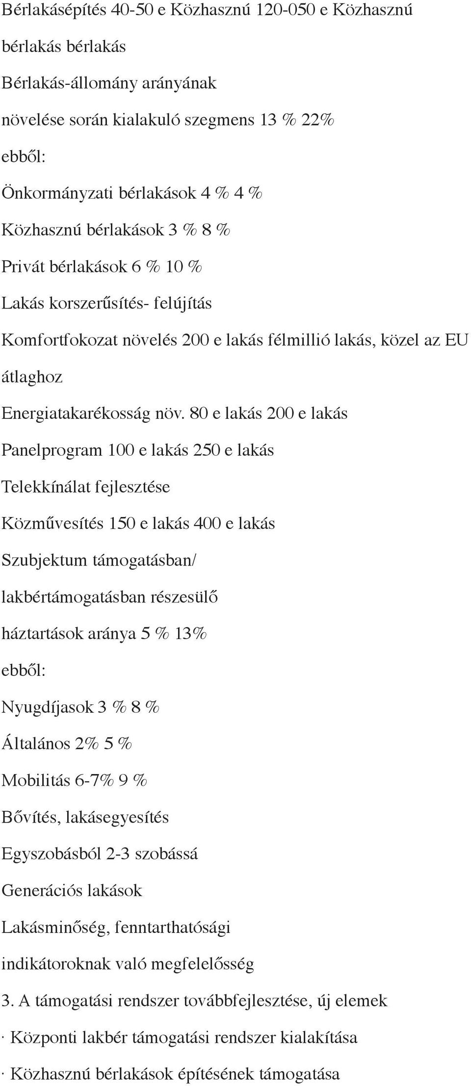 80 e lakás 200 e lakás Panelprogram 100 e lakás 250 e lakás Telekkínálat fejlesztése Közművesítés 150 e lakás 400 e lakás Szubjektum támogatásban/ lakbértámogatásban részesülő háztartások aránya 5 %