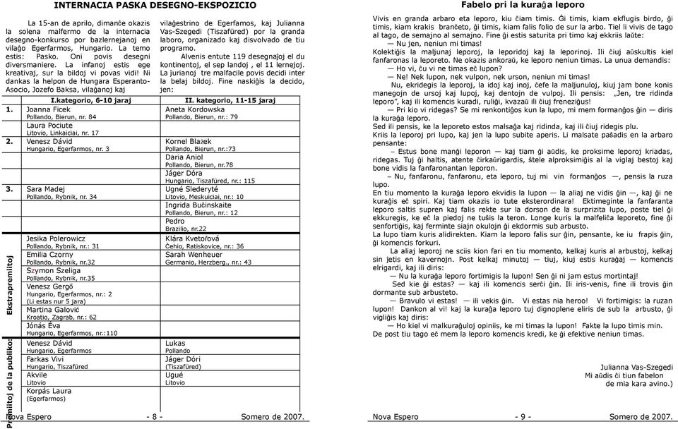 Ni dnks l helpon de Hungr EsperntoAsocio, Jozefo Bks, vilĝnoj kj vilĝestrino de Egerfmos, kj Julinn Vs-Szegedi (Tiszfüred) por l grnd lboro, orgnizdo kj disvolvdo de tiu progrmo.