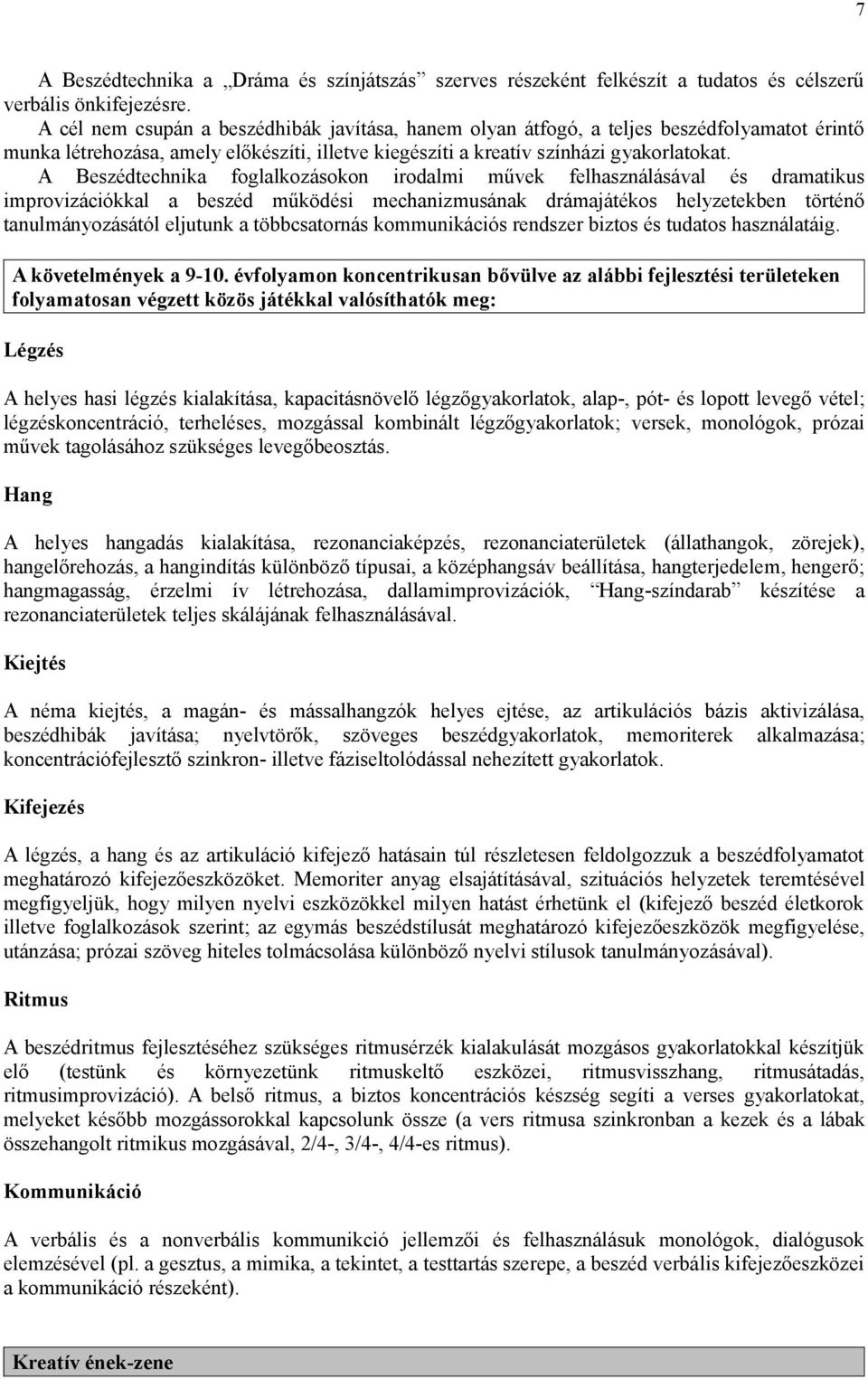 A Beszédtechnika foglalkozásokon irodalmi művek felhasználásával és dramatikus improvizációkkal a beszéd működési mechanizmusának drámajátékos helyzetekben történő tanulmányozásától eljutunk a