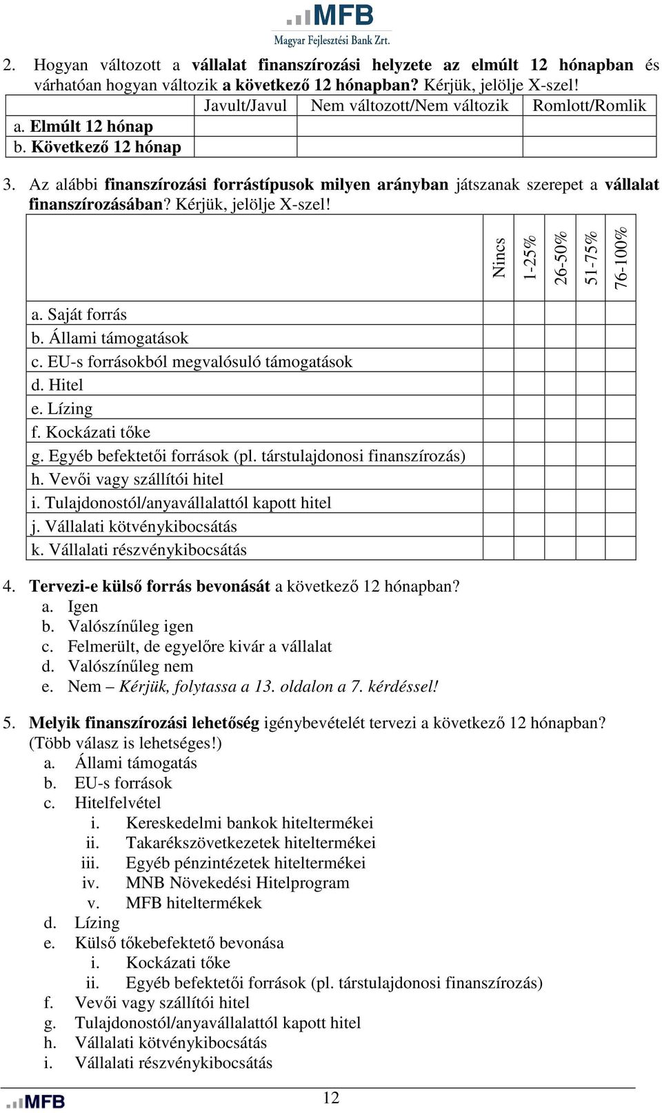 Az alábbi finanszírozási forrástípusok milyen arányban játszanak szerepet a vállalat finanszírozásában? Kérjük, jelölje X-szel! Nincs 1-25% 26-50% 51-75% 76-100% a. Saját forrás b.