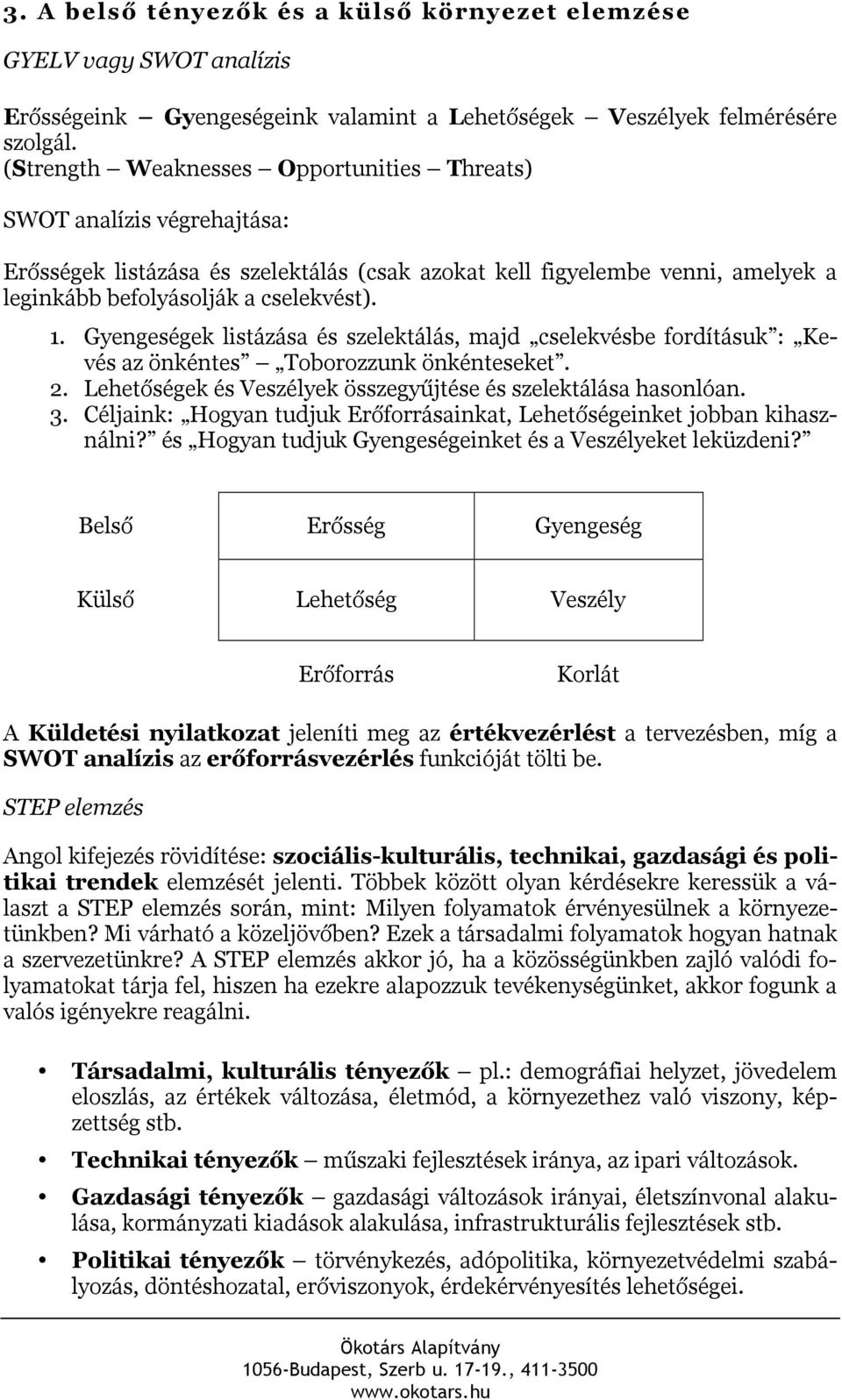Gyengeségek listázása és szelektálás, majd cselekvésbe fordításuk : Kevés az önkéntes Toborozzunk önkénteseket. 2. Lehetőségek és Veszélyek összegyűjtése és szelektálása hasonlóan. 3.