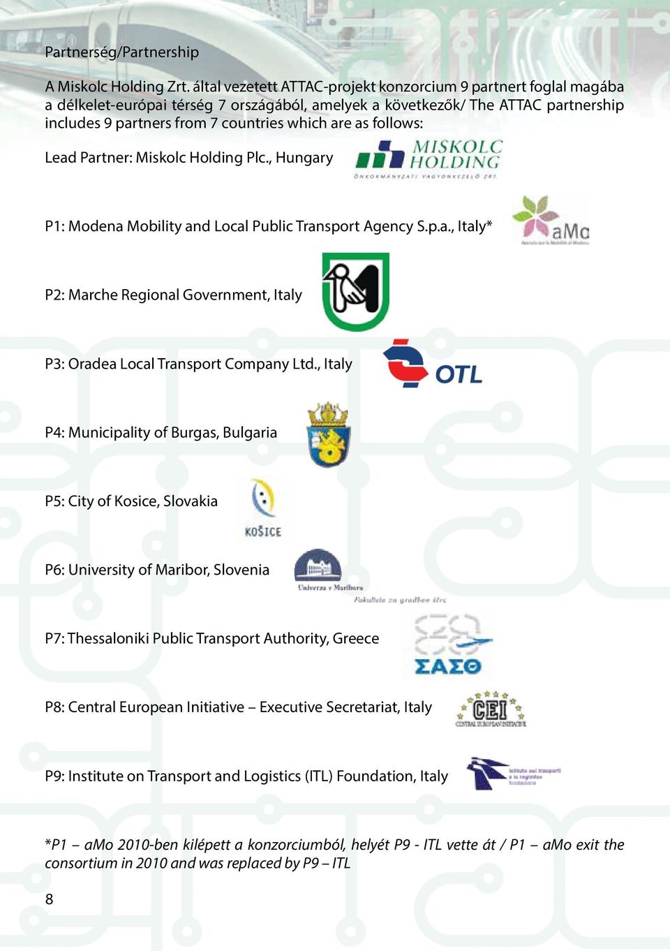 follows: Lead Partner: Miskolc Holding Plc., Hungary P1: Modena Mobility and Local Public Transport Agency S.p.a., Italy* P2: Marche Regional Government, Italy P3: Oradea Local Transport Company Ltd.