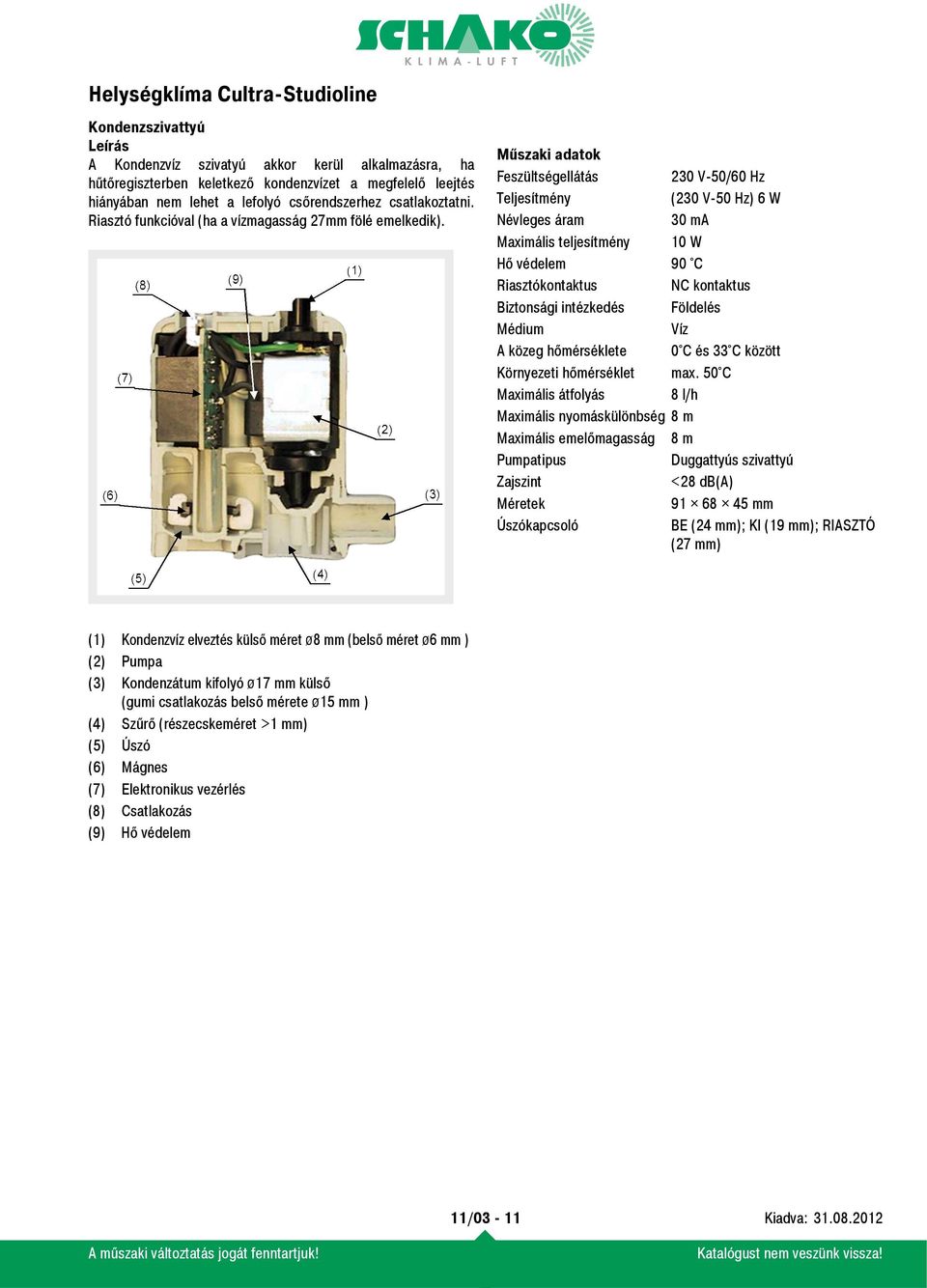 Műszaki adatok Feszültségellátás 230 V-50/60 Hz Teljesítmény (230 V-50 Hz) 6 W Névleges áram 30 ma Maximális teljesítmény 10 W Hő védelem 90 C Riasztókontaktus NC kontaktus Biztonsági intézkedés