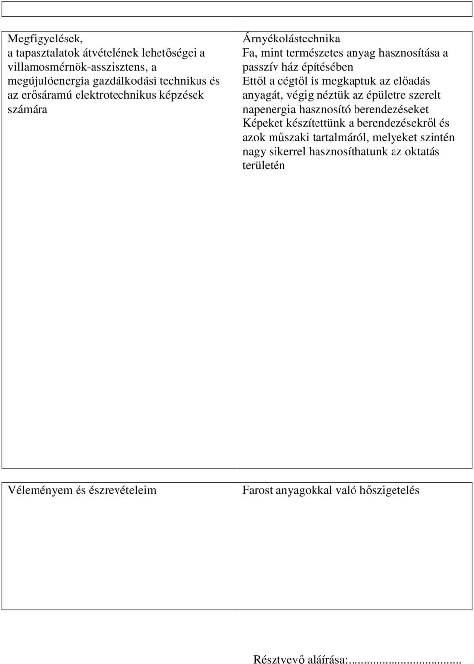 előadás anyagát, végig néztük az épületre szerelt napenergia hasznosító berendezéseket Képeket készítettünk a berendezésekről és azok műszaki