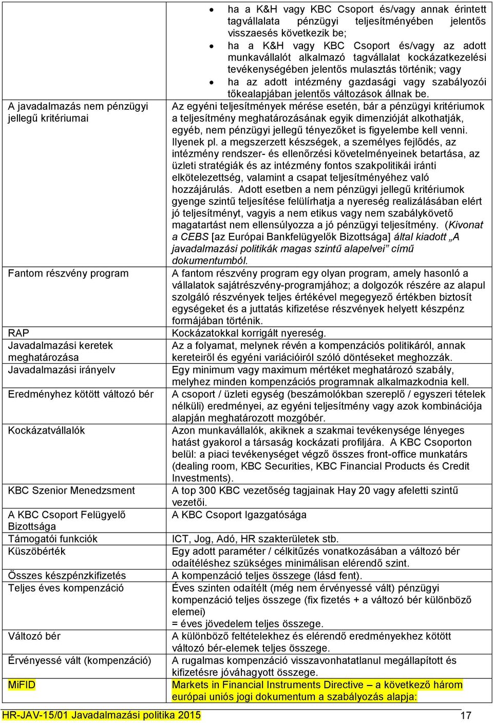 Csoport és/vagy annak érintett tagvállalata pénzügyi teljesítményében jelentős visszaesés következik be; ha a K&H vagy KBC Csoport és/vagy az adott munkavállalót alkalmazó tagvállalat