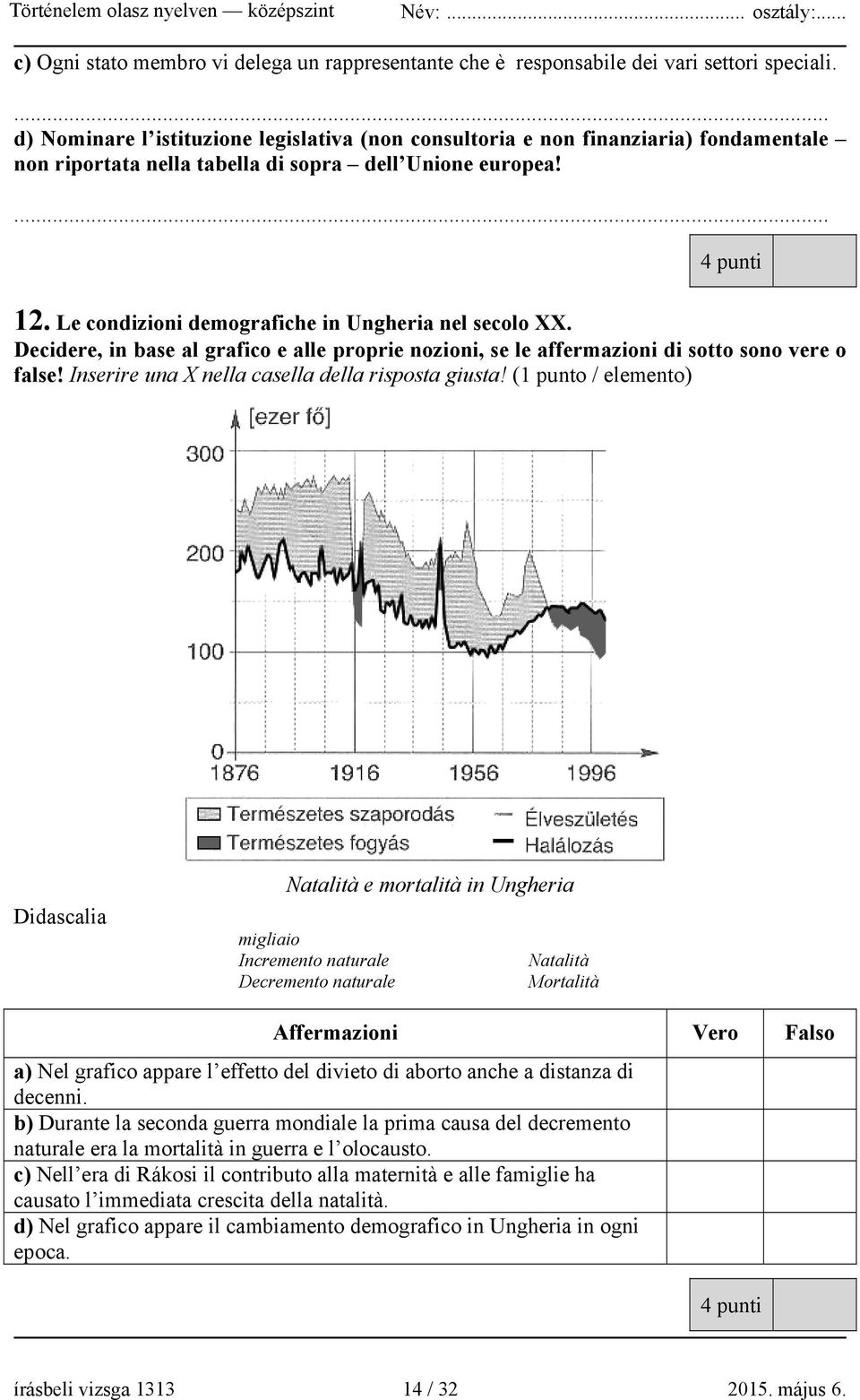 Le condizioni demografiche in Ungheria nel secolo XX. Decidere, in base al grafico e alle proprie nozioni, se le affermazioni di sotto sono vere o false!