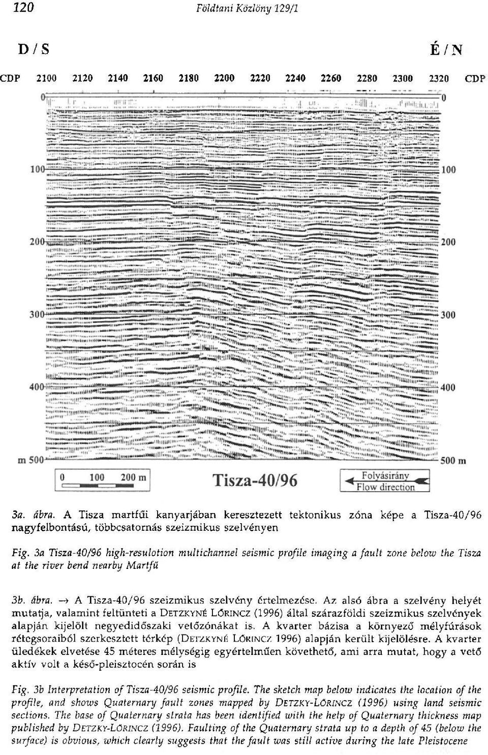 За Tisza-40/96 high-resulotion multichannel seismic profile imaging a fault zone below the Tisza at the river bend nearby Martfű 3b. ábra. > A Tisza-40/96 szeizmikus szelvény értelmezése.