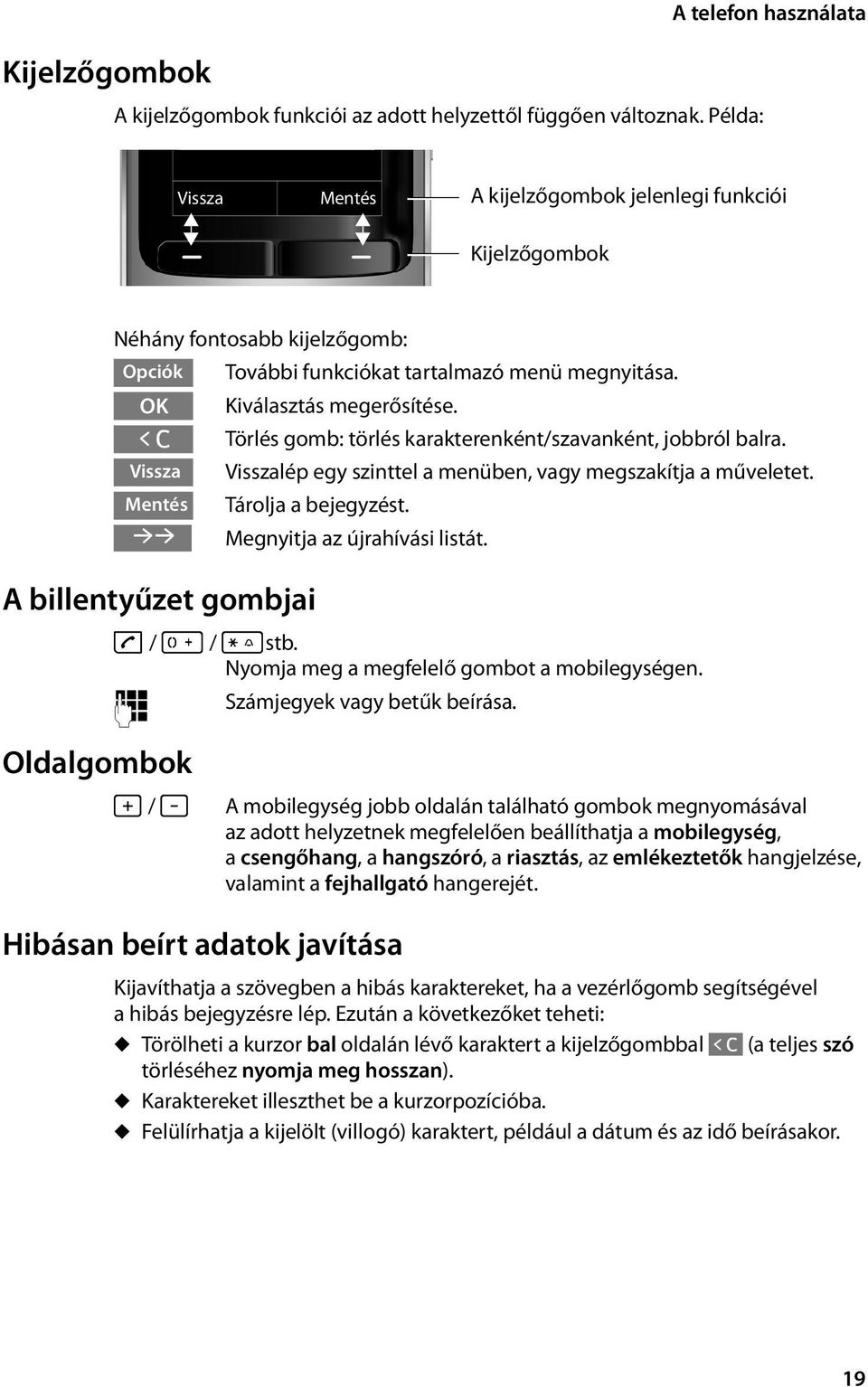 Û Törlés gomb: törlés karakterenként/szavanként, jobbról balra. Vissza Visszalép egy szinttel a menüben, vagy megszakítja a műveletet. Mentés Tárolja a bejegyzést. Þ Megnyitja az újrahívási listát.