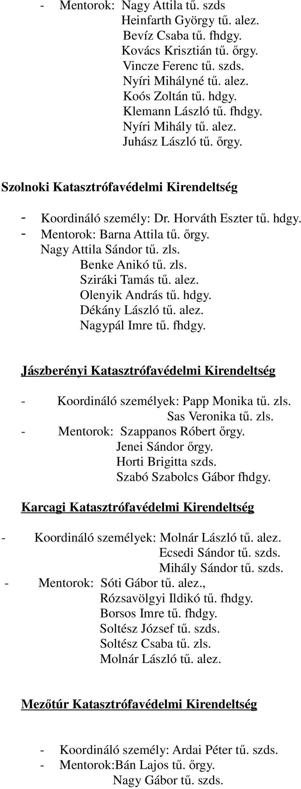 zls. Benke Anikó tű. zls. Sziráki Tamás tű. alez. Olenyik András tű. hdgy. Dékány László tű. alez. Nagypál Imre tű. fhdgy.