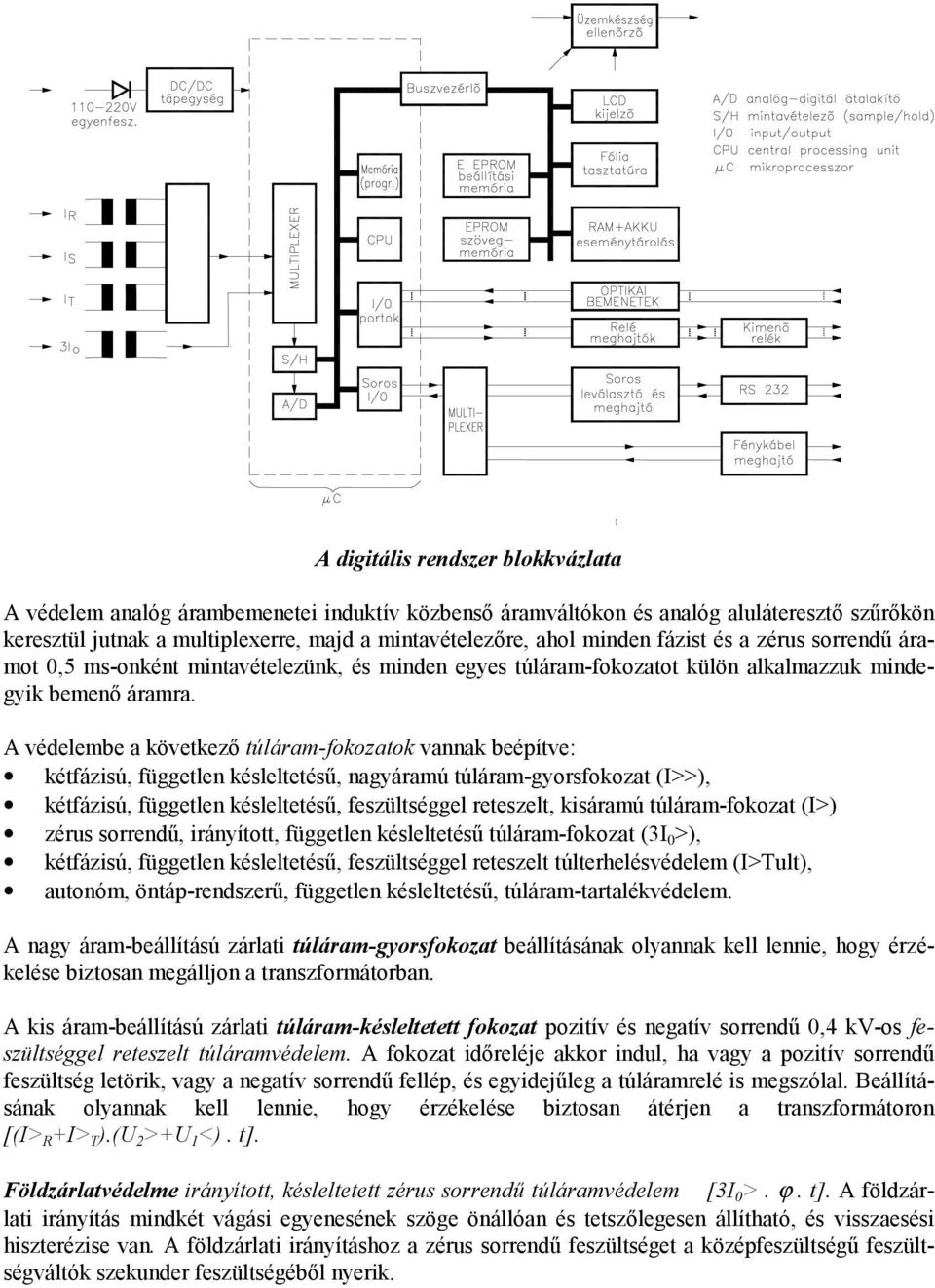 A védelembe a következő túláram-fokozatok vannak beépítve: kétfázisú, független késleltetésű, nagyáramú túláram-gyorsfokozat (I>>), kétfázisú, független késleltetésű, feszültséggel reteszelt,