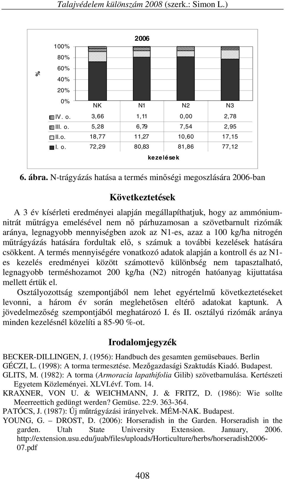 szövetbarnult rizómák aránya, legnagyobb mennyiségben azok az N1-es, azaz a 100 kg/ha nitrogén műtrágyázás hatására fordultak elő, s számuk a további hatására csökkent.