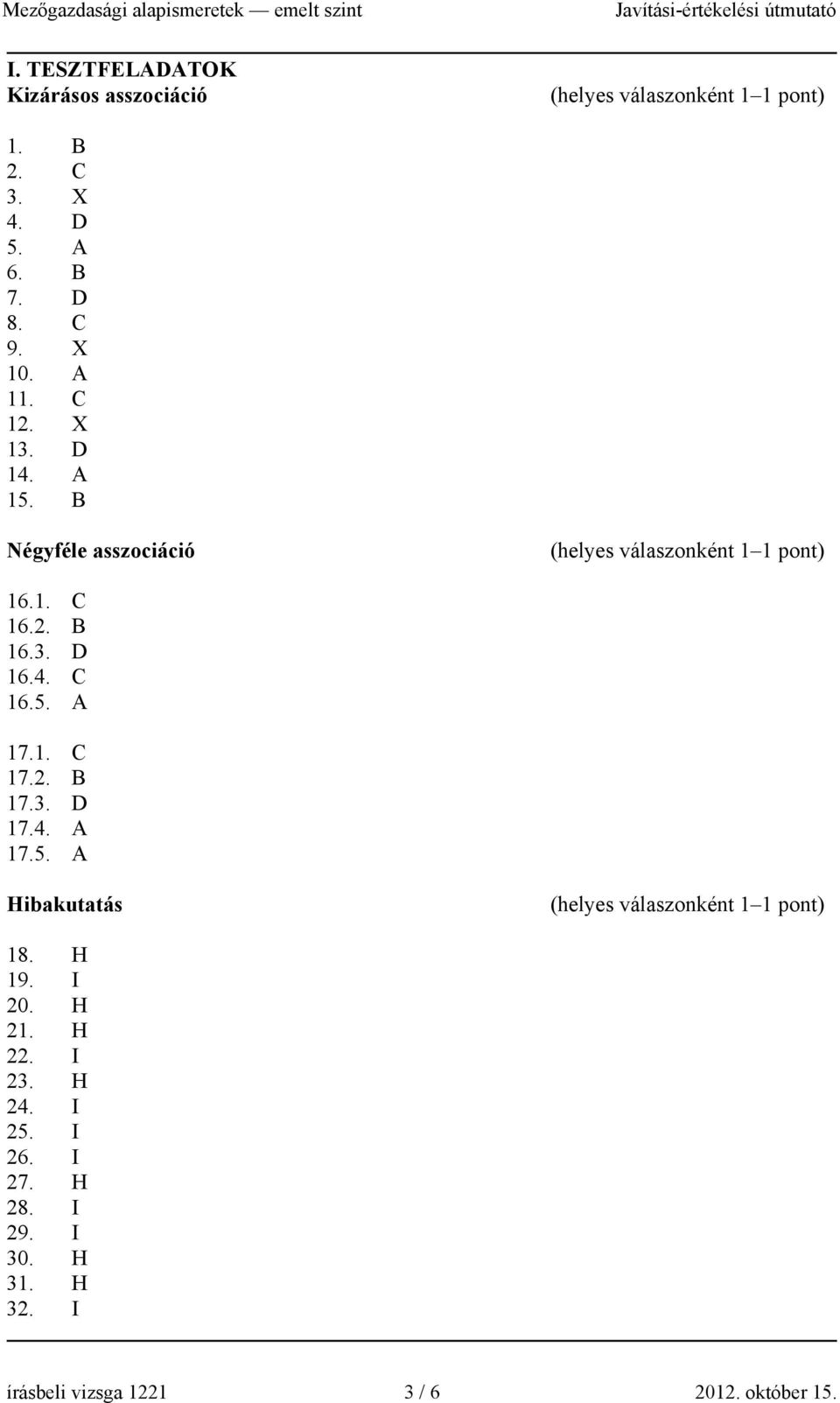 4. C 16.5. A 17.1. C 17.2. B 17.3. D 17.4. A 17.5. A Hibakutatás (helyes válaszonként 1 1 pont) 18. H 19. I 20.