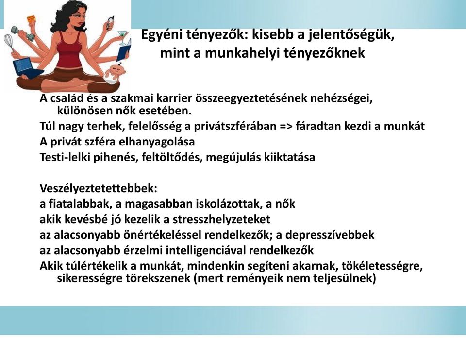 Veszélyeztetettebbek: a fiatalabbak, a magasabban iskolázottak, a nők akik kevésbé jó kezelik a stresszhelyzeteket az alacsonyabb önértékeléssel rendelkezők; a