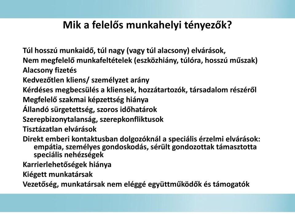 személyzet arány Kérdéses megbecsülés a kliensek, hozzátartozók, társadalom részéről Megfelelő szakmai képzettség hiánya Állandó sürgetettség, szoros időhatárok