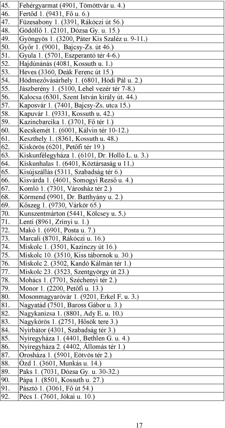 (6801, Hódi Pál u. 2.) 55. Jászberény 1. (5100, Lehel vezér tér 7-8.) 56. Kalocsa (6301, Szent István király út. 44.) 57. Kaposvár 1. (7401, Bajcsy-Zs. utca 15.) 58. Kapuvár 1. (9331, Kossuth u. 42.