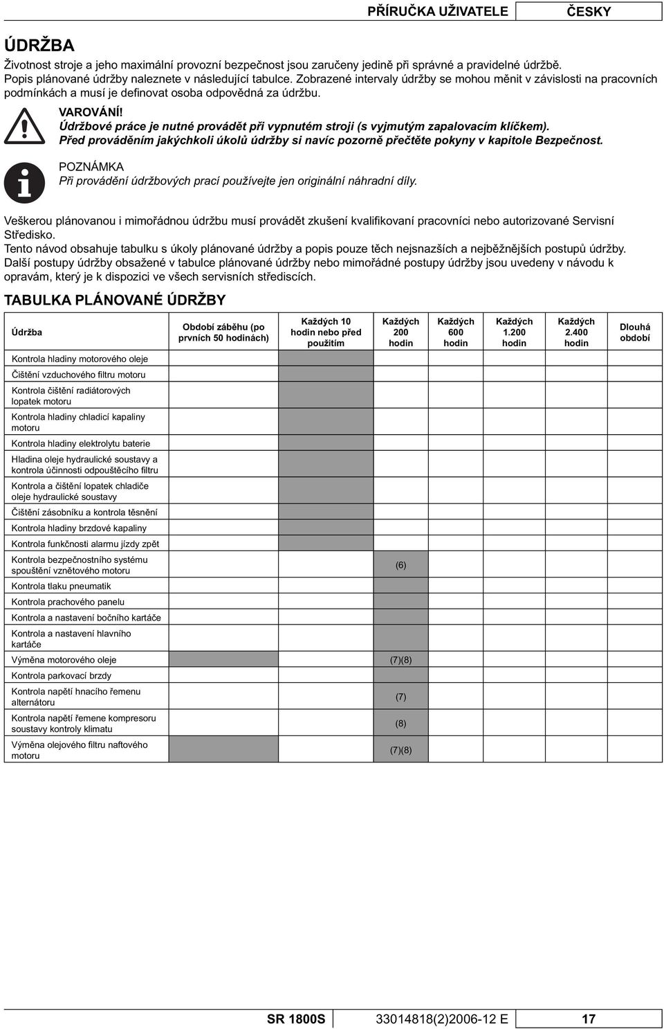 Údržbové práce je nutné provád t p i vypnutém stroji (s vyjmutým zapalovacím klí kem). P ed provád ním jakýchkoli úkol údržby si navíc pozorn p e t te pokyny v kapitole Bezpe nost.