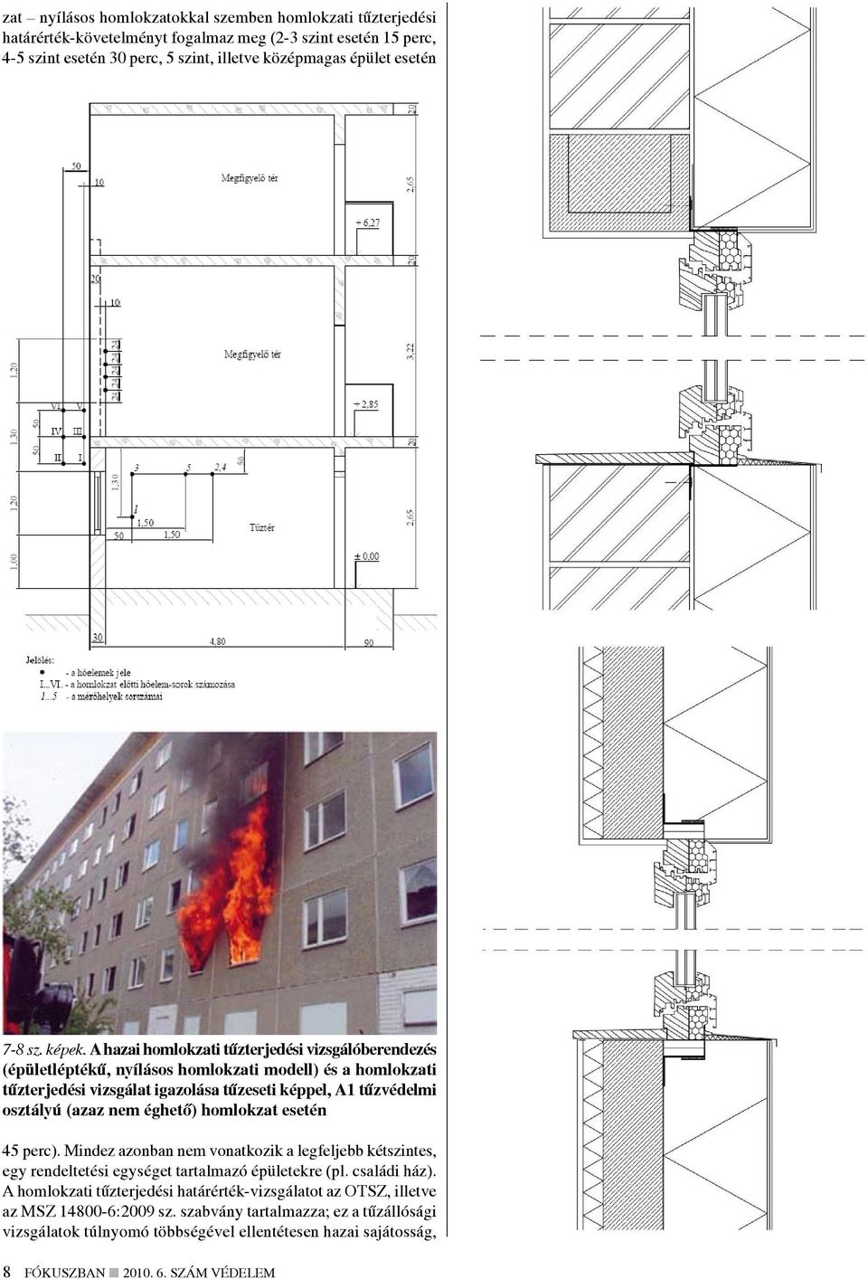 A hazai homlokzati tűzterjedési vizsgálóberendezés (épületléptékű, nyílásos homlokzati modell) és a homlokzati tűzterjedési vizsgálat igazolása tűzeseti képpel, A1 tűzvédelmi osztályú (azaz nem