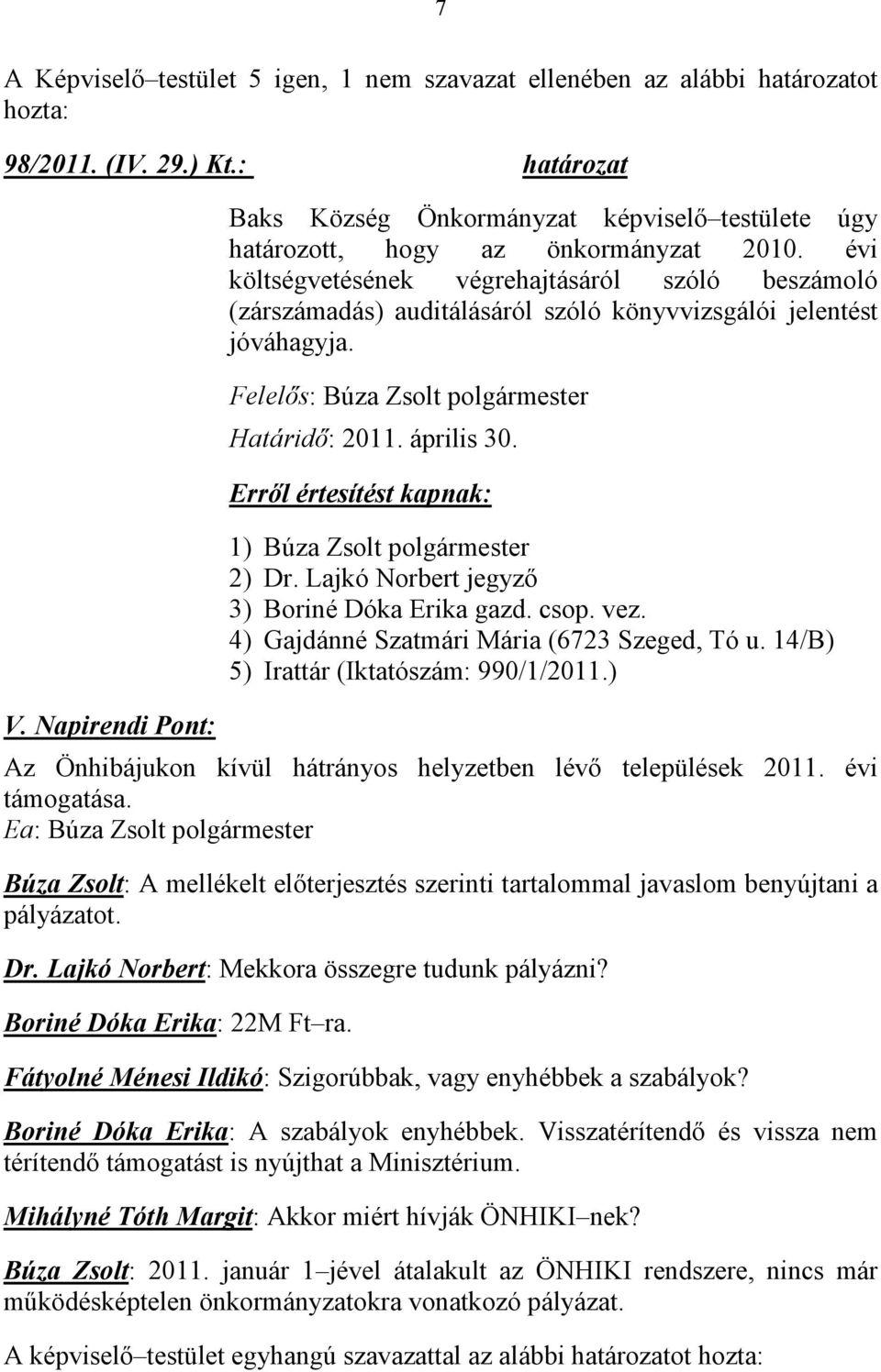 évi költségvetésének végrehajtásáról szóló beszámoló (zárszámadás) auditálásáról szóló könyvvizsgálói jelentést jóváhagyja. Felelős: Búza Zsolt polgármester Határidő: 2011. április 30.