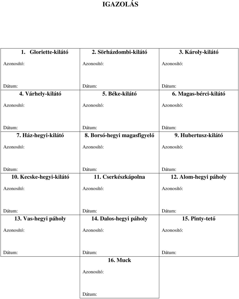 Borsó-hegyi magasfigyelı 9. Hubertusz-kilátó 10. Kecske-hegyi-kilátó 11.