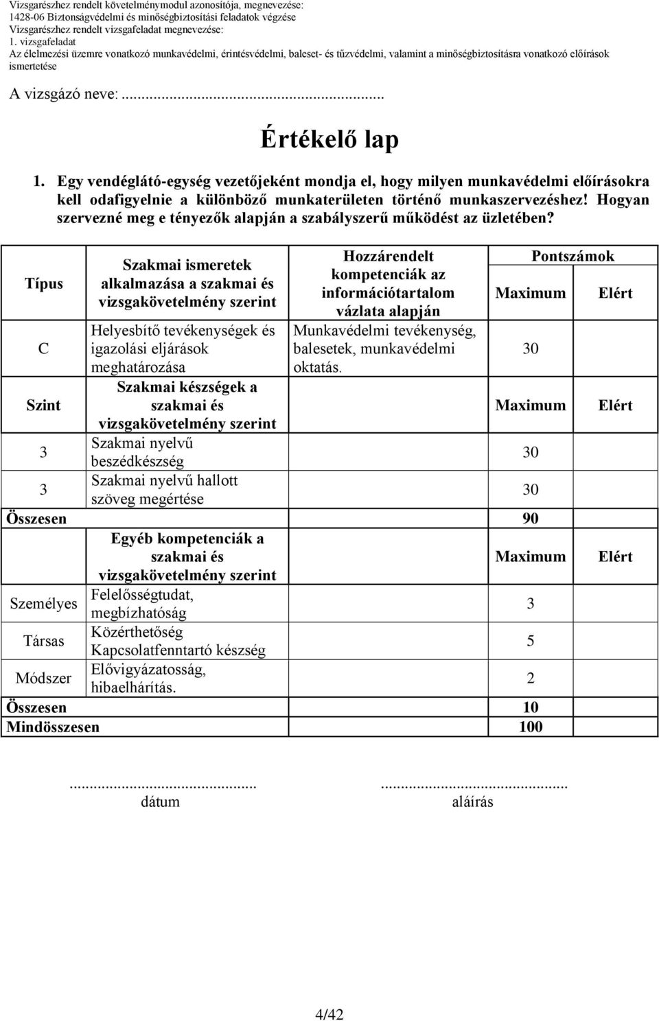 Típus C Szint Szakmai ismeretek alkalmazása a Helyesbítő tevékenységek és igazolási eljárások meghatározása Szakmai készségek a Szakmai nyelvű beszédkészség Szakmai nyelvű hallott szöveg megértése