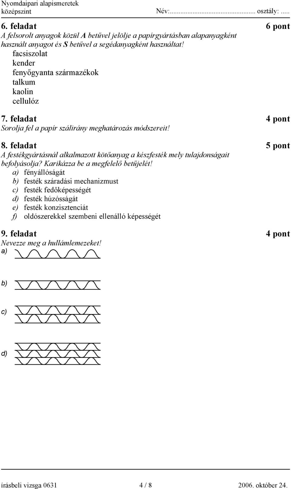 feladat 5 pont A festékgyártásnál alkalmazott kötőanyag a készfesték mely tulajdonságait befolyásolja? Karikázza be a megfelelő betűjelét!