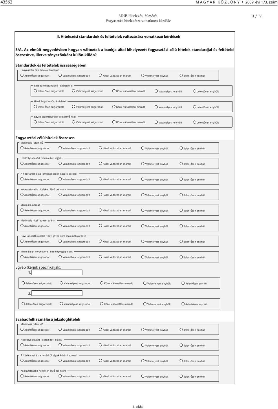 Standardok és feltételek összességében Fogyasztási célú hitelek összesen Szabadfelhasználású jelzáloghitel Hitelkártya/folyószámlahitel Egyéb (személyi/áru/gépjárm hitel) Fogyasztási célú hitelek