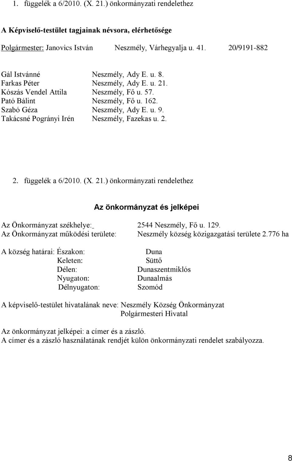 Takácsné Pogrányi Irén Neszmély, Fazekas u. 2. 2. függelék a 6/2010. (X. 21.) önkormányzati rendelethez Az önkormányzat és jelképei Az Önkormányzat székhelye: 2544 Neszmély, Fő u. 129.