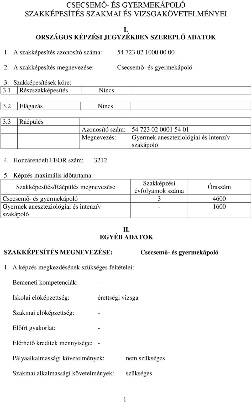 3 Ráépülés Azonosító szám: 54 723 02 0001 54 01 Megnevezés: Gyermek aneszteziológiai és intenzív szakápoló 4. Hozzárendelt FEOR szám: 3212 5.