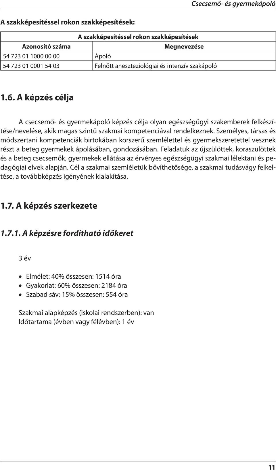 A képzés célja A csecsemő- és gyermekápoló képzés célja olyan egészségügyi szakemberek felkészítése/nevelése, akik magas szintű szakmai kompetenciával rendelkeznek.