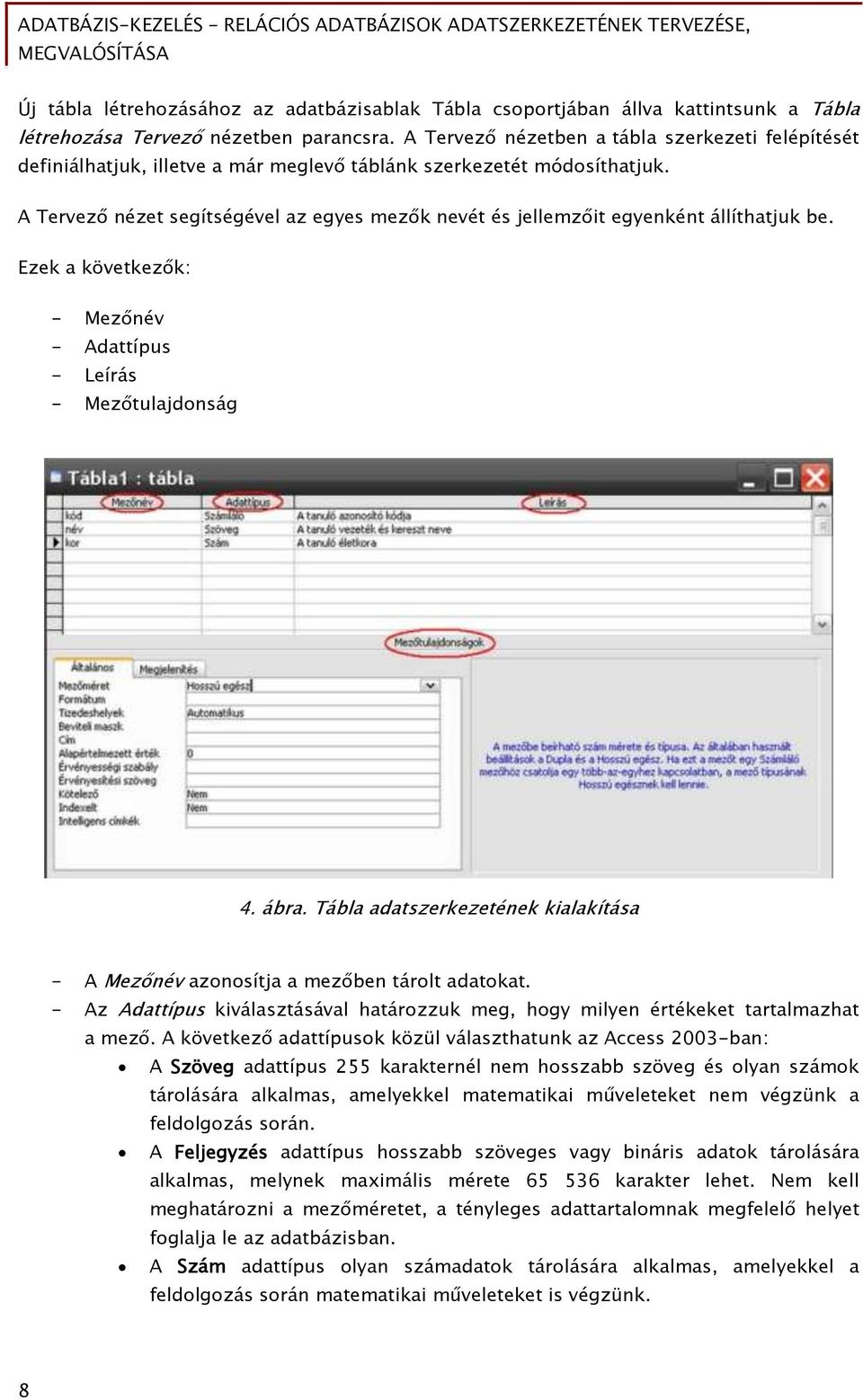 A Tervező nézet segítségével az egyes mezők nevét és jellemzőit egyenként állíthatjuk be. Ezek a következők: - Mezőnév - Adattípus - Leírás - Mezőtulajdonság 4. ábra.