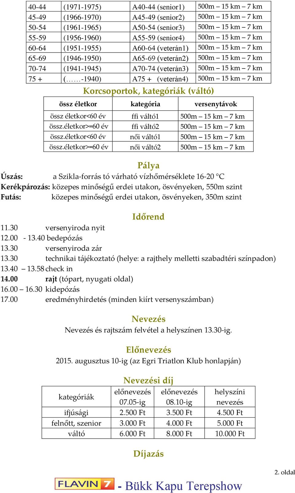 km 7 km Korcsoportok, kategóriák (váltó) össz életkor kategória versenytávok össz életkor<60 év ffi váltó1 500m 15 km 7 km össz.életkor>=60 év ffi váltó2 500m 15 km 7 km össz.