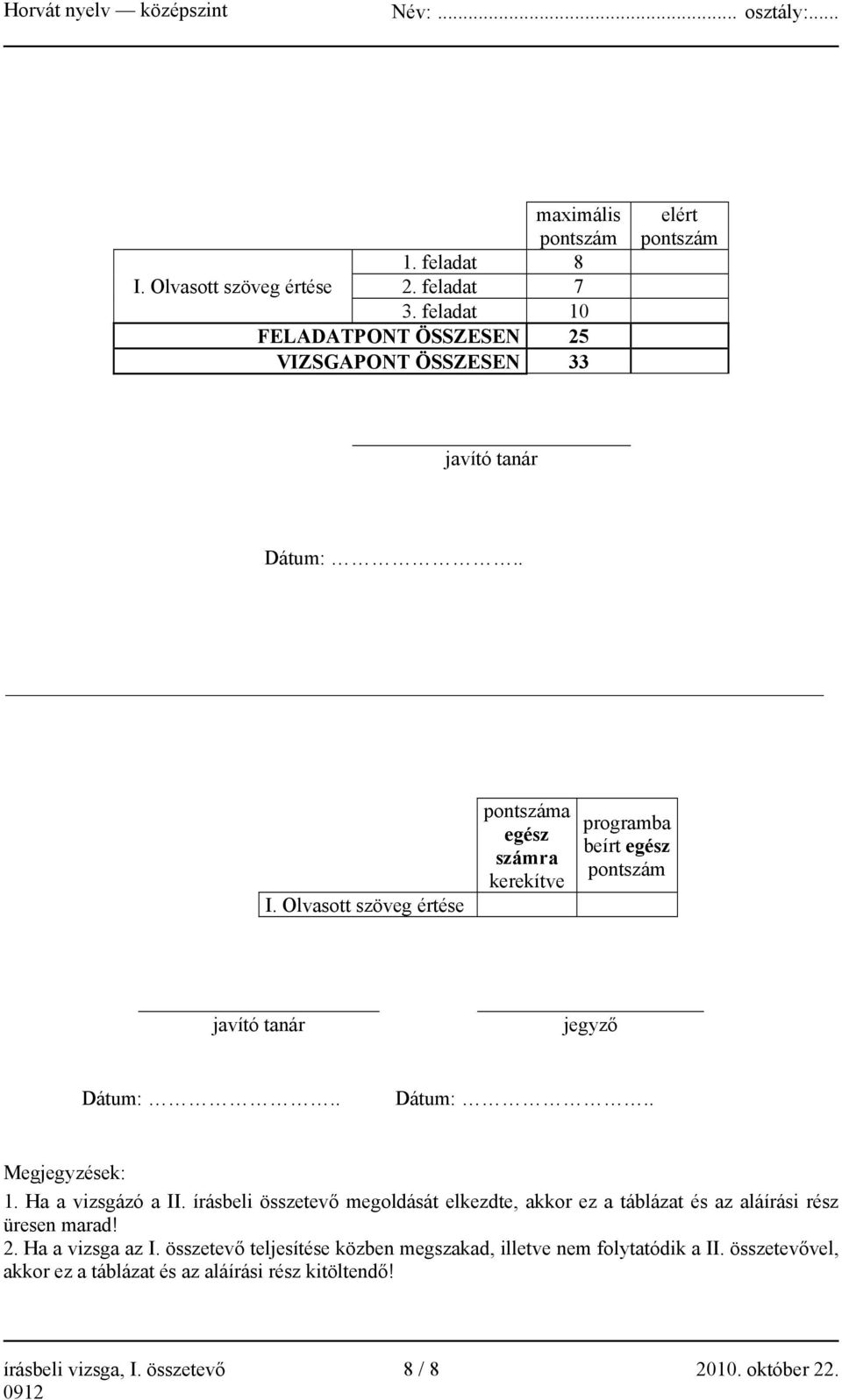 Olvasott szöveg értése pontszáma egész számra kerekítve programba beírt egész pontszám javító tanár jegyző Dátum:.. Dátum:.. Megjegyzések: 1.